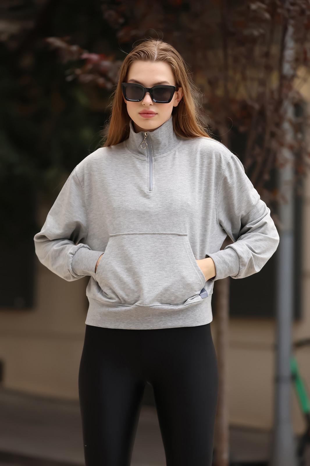 Gri Fermuarlı Kanguru Cepli Sweatshirt