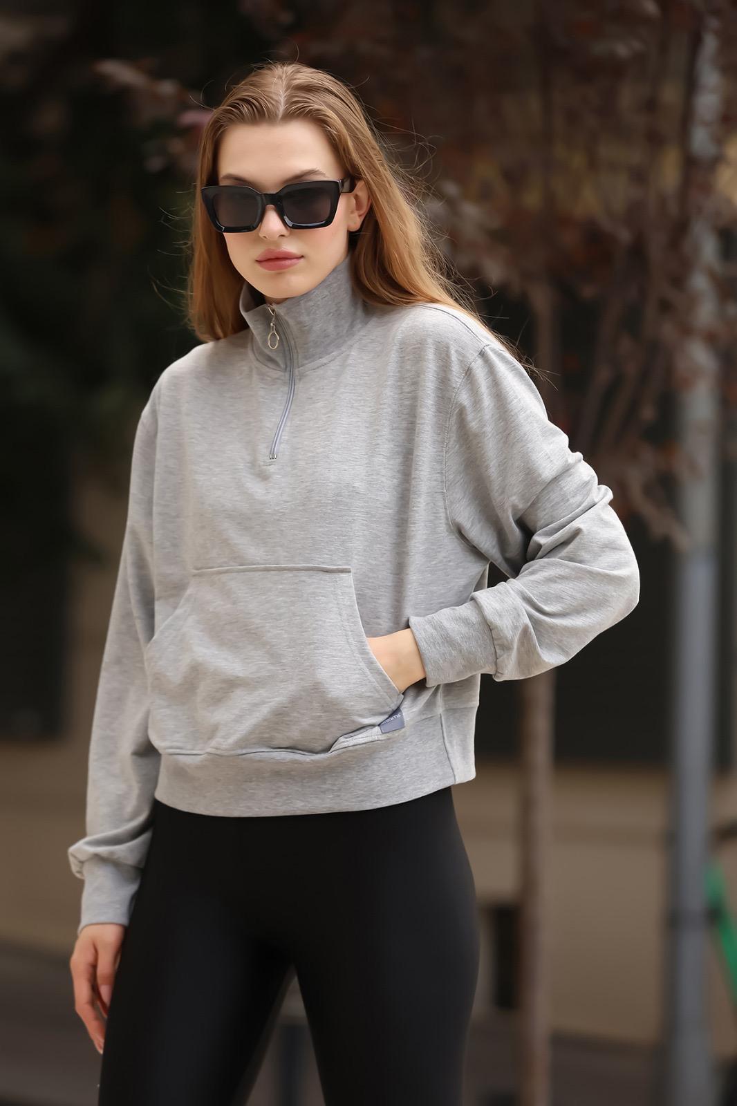 Gri Fermuarlı Kanguru Cepli Sweatshirt